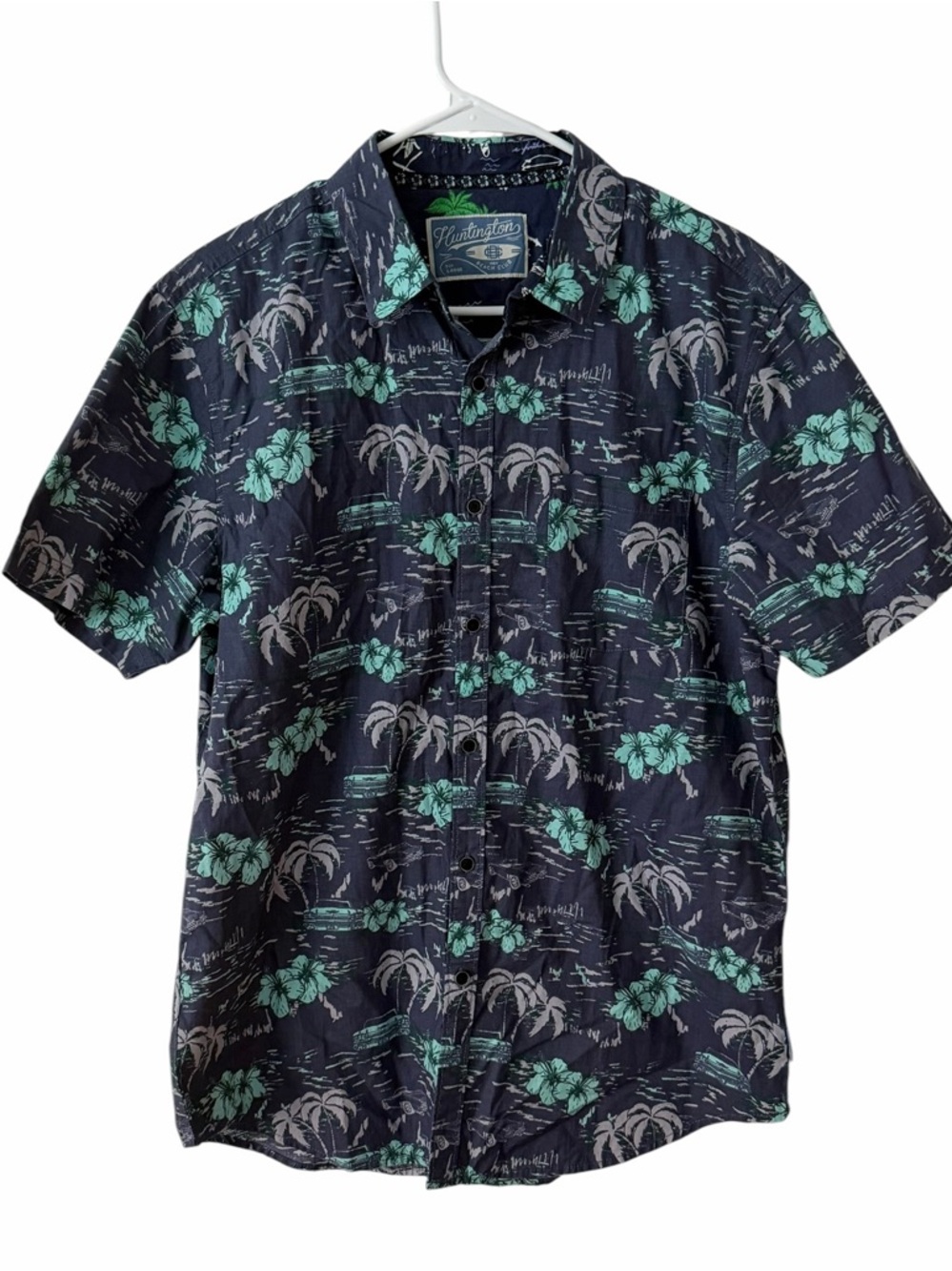 Huntington Navy Tropical Print Short-Sleeve Button-Down Shirt(007)